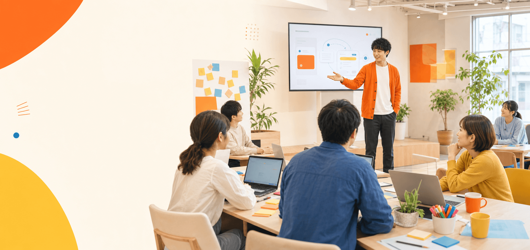 明るいオフィスで参加者がホワイトボードを囲み、AIイベントの企画を話し合っている様子