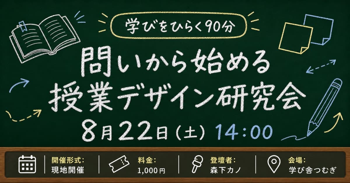 手書き黒板教室風。黒板のチョーク文字と素朴な教材図で、参加型の学びを親しみやすく伝えるスタイル。